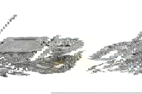 Collection of Arthur Court Aluminum Elephant Designed Trays and Table Articles: comprising one napkin holder (4 in. high), one small napkin holder (2 1/2 in. high), one salt and pepper set (each 6 1/2 in. high), one set of four cheese knives (6 in.), one set of three cheese knive