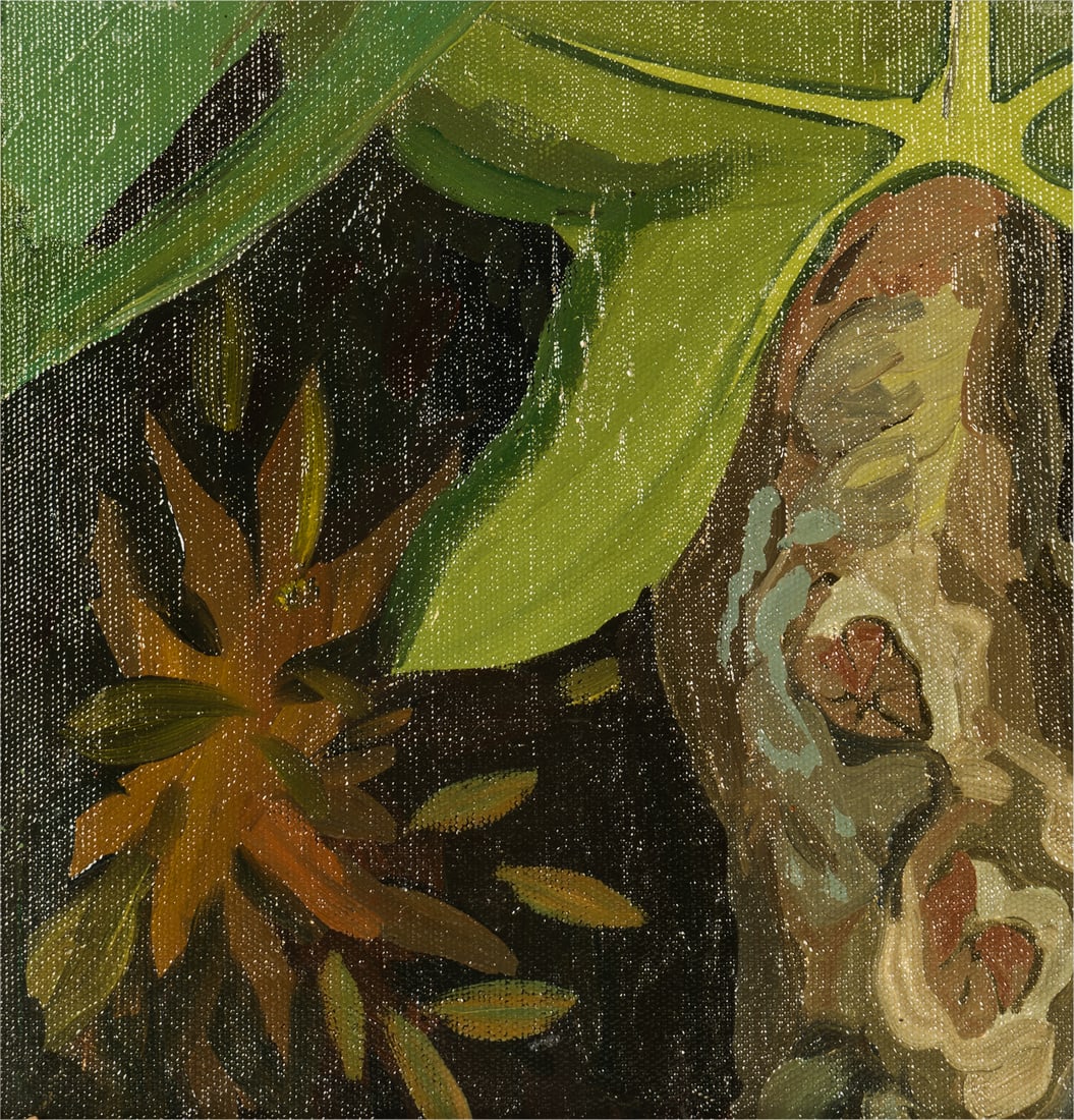 Jessie Arms Botke, 1883-1971, Tropical Leaves: Jessie Arms Botke 1883-1971 Tropical Leaves oil on relined wax canvas From the Estate of DeWitt McCall III; Laguna Beach: This painting was formally removed from the Oaks Hotel, Ojai, California 9 x 9