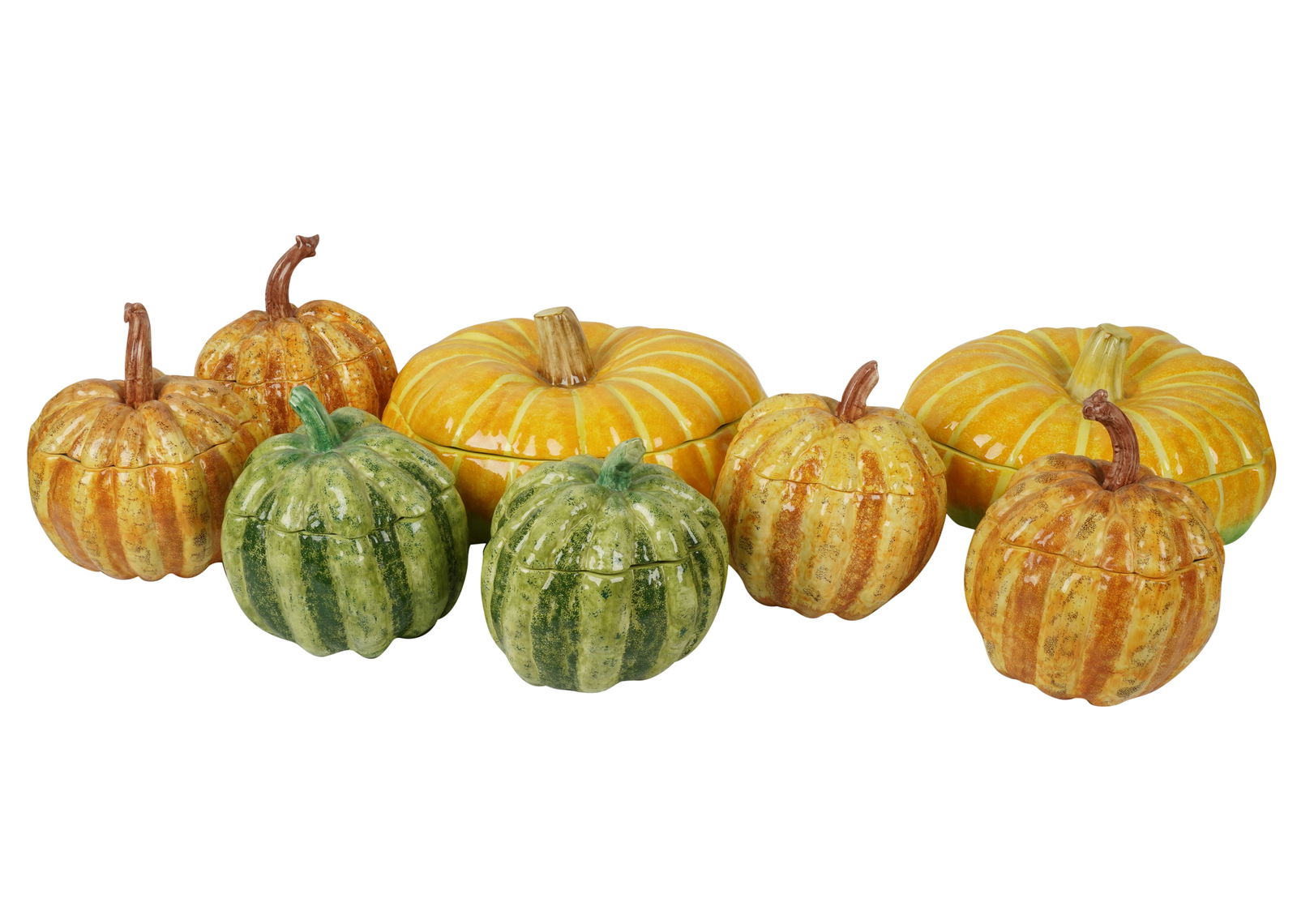 Collection of Tiffany & Co. Ceramic Pumpkin Tureens: marked Este Ceramiche Porcellane underside, Made in Italy, exclusively for Tiffany & Co. Ranging from 8 x 8 in. (20.3 x 20.3 cm.), to 7 x 13 1/2 in. (17.8 x 34.3 cm.)