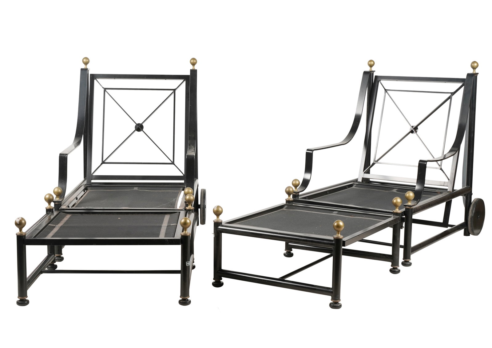 Black Metal and Brass Patio Set: without cushions The Chairs: 38 x 26 x 40 in. (96.5 x 66 x 101.6 cm.), Seat height: 10 1/2 in. (26.7 cm.), The ottomans: 14 1/2 x 26 x 23 1/2 in. (36.8 x 66 x 59.7 cm.)