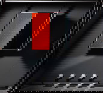 George Nelson (1908-1986): Wall-Mounted Vanity Mirror CSS Unit: Herman Miller, Zeeland, Michigan; black-enameled steel and brushed aluminum, the central and two folding mirror panels each covered to exterior with red dot-pattern fabric by Alexander Girard for Herm