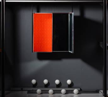 George Nelson (1908-1986): Wall-Mounted Vanity Mirror CSS Unit: Herman Miller, Zeeland, Michigan; black-enameled steel and brushed aluminum, the central and two folding mirror panels each covered to exterior with red dot-pattern fabric by Alexander Girard for