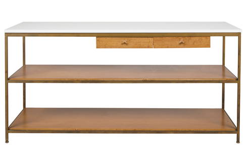 Paul McCobb (1917 - 1969): Console Table: Irwin Collection, Calvin Furniture Co., Grand Rapids, Michigan, 1950s; mahogany, white opaque glass, brass; manufacturer's metal label to drawer interior 29 x 60 x 19 in. (73.7 x 152.4 x 48.3 cm.) Pro