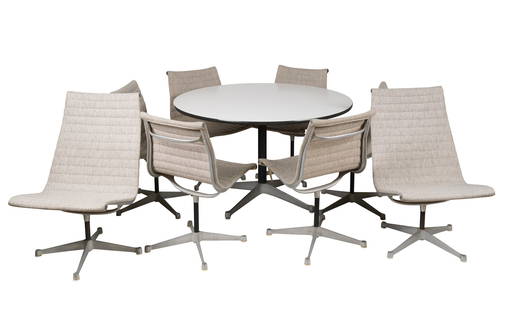 Charles (1907-1978) and Ray (1912-1988) Eames: Aluminum Group Table and Chairs: Herman Miller, Zeeland, Michigan; cast aluminum, enameled steel; the table: with formica top, unsigned (29 x 48 in.); the chairs: with cast Herman Miller label, each covered with grey fabric (Two loun