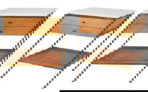Paul McCobb (1917 - 1969): Pair of Nightstands: Irwin Collection, Calvin Furniture Co., Grand Rapids, Michigan; 1950s; mahogany, brass, white opaque glass, cane; each with manufacturer's metal label to drawer interior 24 x 20 x 20 1/2 in. (61 x 50.