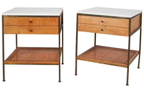 Paul McCobb (1917 - 1969): Pair of Nightstands: Irwin Collection, Calvin Furniture Co., Grand Rapids, Michigan; 1950s; mahogany, brass, white opaque glass, cane; each with manufacturer's metal label to drawer interior 24 x 20 x 20 1/2 in. (61 x 50.