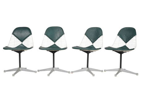 Charles (1907-1978) and Ray (1912-1988) Eames: Four Bikini Chairs: Herman Miller, Zeeland, Michigan; green vinyl, white coated wire, black-enameled metal aluminum; unsigned 33 x 19 x 20 1/2 in. (83.8 x 48.3 x 52.1 cm.), Seat height: 18 1/2 in. (47 cm.) Provenance: Pr