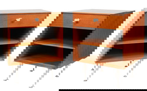 George Nelson (1908-1986): Pair of Thin Edge Nightstands: model 5707, Herman Miller, Zeeland, Michigan, 1950s; walnut, aluminum, enameled steel; unsigned 23 x 18 x 19 1/2 in. (58.4 x 45.7 x 49.5 cm.) Provenance: Property from The Watt Estate's Harbor Island