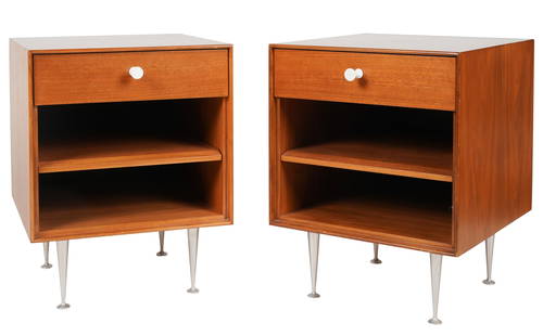 George Nelson (1908-1986): Pair of Thin Edge Nightstands: model 5707, Herman Miller, Zeeland, Michigan, 1950s; walnut, aluminum, enameled steel; unsigned 23 x 18 x 19 1/2 in. (58.4 x 45.7 x 49.5 cm.) Provenance: Property from The Watt Estate's Harbor Island