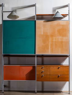 George Nelson (1908-1986): Two-Bay Comprehensive Storage System (CSS): Herman Miller, Zeeland, Michigan, c. 1960s; aluminum, walnut, enameled masonite, cork; with two swiveling lamps white enameled metal shades; stamped "Herman Miller" to drawer pull Overall excluding la