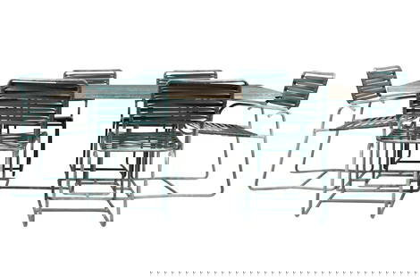Walter Lamb: Dining Table and Chairs: California, 1950s; verdigris bronze tubing; unsigned; the table: with wooden top (28 x 78 1/2 x 36 in.); the six chairs with later, replaced vinyl webbing (Four side chairs: 32 x 18 1/2 x 22 in., Seat