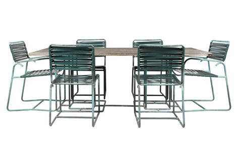 Walter Lamb: Dining Table and Chairs: California, 1950s; verdigris bronze tubing; unsigned; the table: with wooden top (28 x 78 1/2 x 36 in.); the six chairs with later, replaced vinyl webbing (Four side chairs: 32 x 18 1/2 x 22 in.,