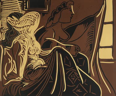 Pablo Picasso (1881-1973): Deux Femmes Pres de la Fenetre: Pablo Picasso Spanish 1881-1973 Deux femmes pres de la fenetre (Two Women Near a Window), linocut in colors on Arches 1959; pencil-signed and numbered 23/50; published by Galerie Louise Leiris,