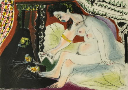 Pablo Picasso (1881-1973): Bethsabee (Bathsheba): 1966, color aquatint on wove paper, pencil-signed and numbered 294/300 Image: 10 1/2 x 14 1/4 in. (26.7 x 36.2 cm.), Sight: 14 x 18 in. (35.6 x 45.7 cm.), Frame: 28 3/4 x 32 7/8 in. (73 x 83.5 cm.)