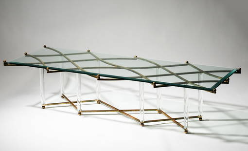 Charles Hollis Jones: Treillage Cocktail Table: brass, lucite and glass 16 x 74 x 24 in. (40.6 x 188 x 61 cm.)