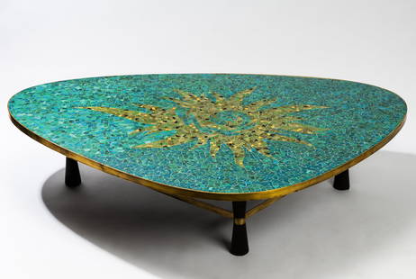 Edward Wormley For Dunbar: Custom Mosaic-Top Coffee Table: manufactured by Dunbar, Berne, Indiana, mid 20th century; colored glass and polished brass mosaic tiles, stained wood, and brass; the triangular top with sunburst design 15 x 64 x 44 in. (38.1 x 162.6