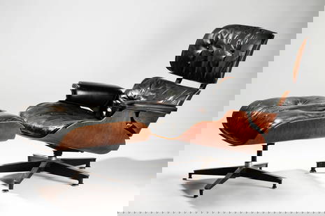 Charles and Ray Eames: 670 Lounge Chair and 671 Ottoman: manufactured by Herman Miller, c. 1980; rosewood plywood, black leather, aluminum and enameled steel; unsigned Chair: 32 1/2 x 33 1/4 x 34 in. (82.6 x 84.5 x 86.4 cm.), Seat height: 15 in. (38.1 cm.);