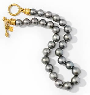 Nerso High Karat Yellow Gold Tahitian Pearl Necklace: Single slightly graduated strand-style necklace completed with yellow gold toggle clasp and terminals, strung with 27 spherical drilled Gray Tahitian Cultured Pearls, 12.04 mm. to 14.81 mm. each in di