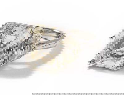 Platinum Sqaure Emerald Cut Diamond: Platinum ring center 4-prong basket set with one square emerald cut Diamond, 11.08 ct., N/VS-1, measuring 13.27 x 11.95 x 8.20 mm., between two tapered pentagon shape Diamonds, approximately 0.30 ct.