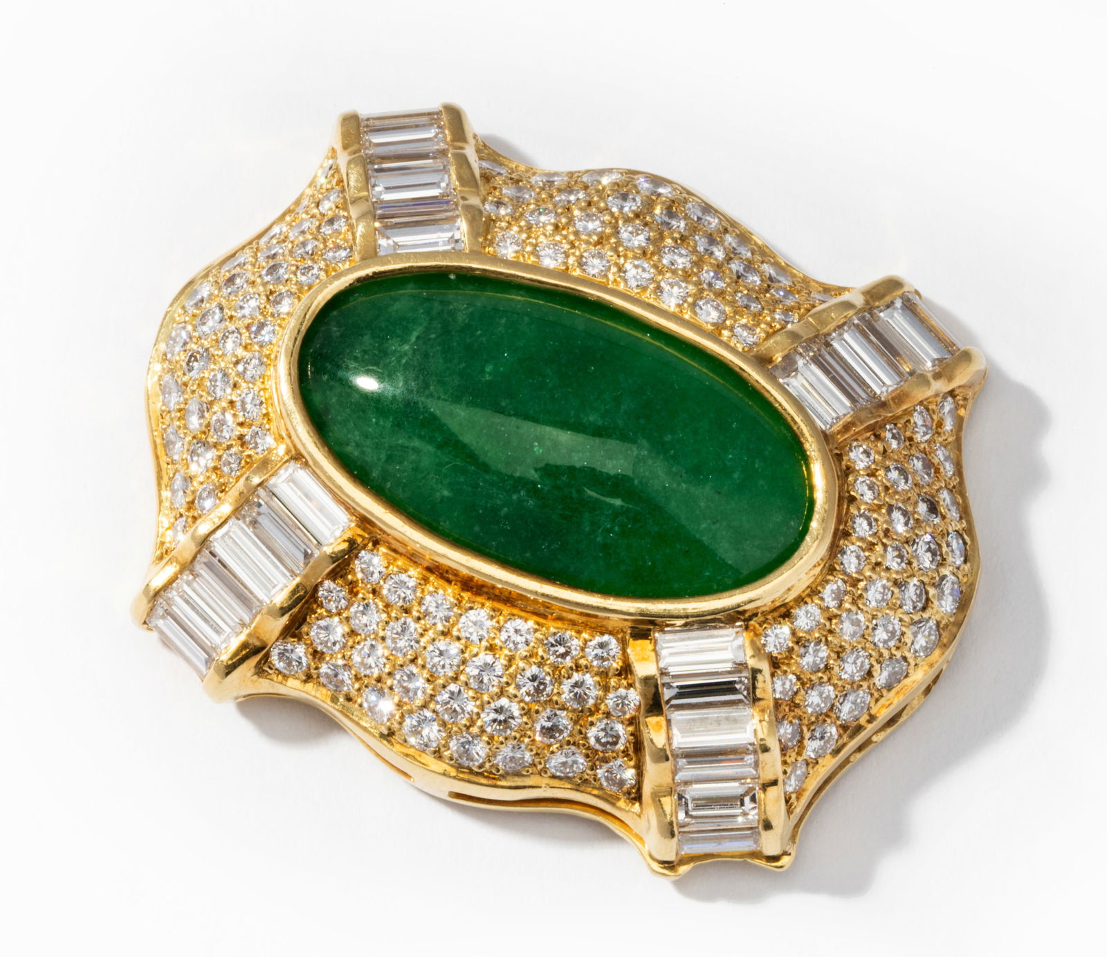 18 Karat Yellow Gold, Diamond and Emerald Brooch (1 of 9)