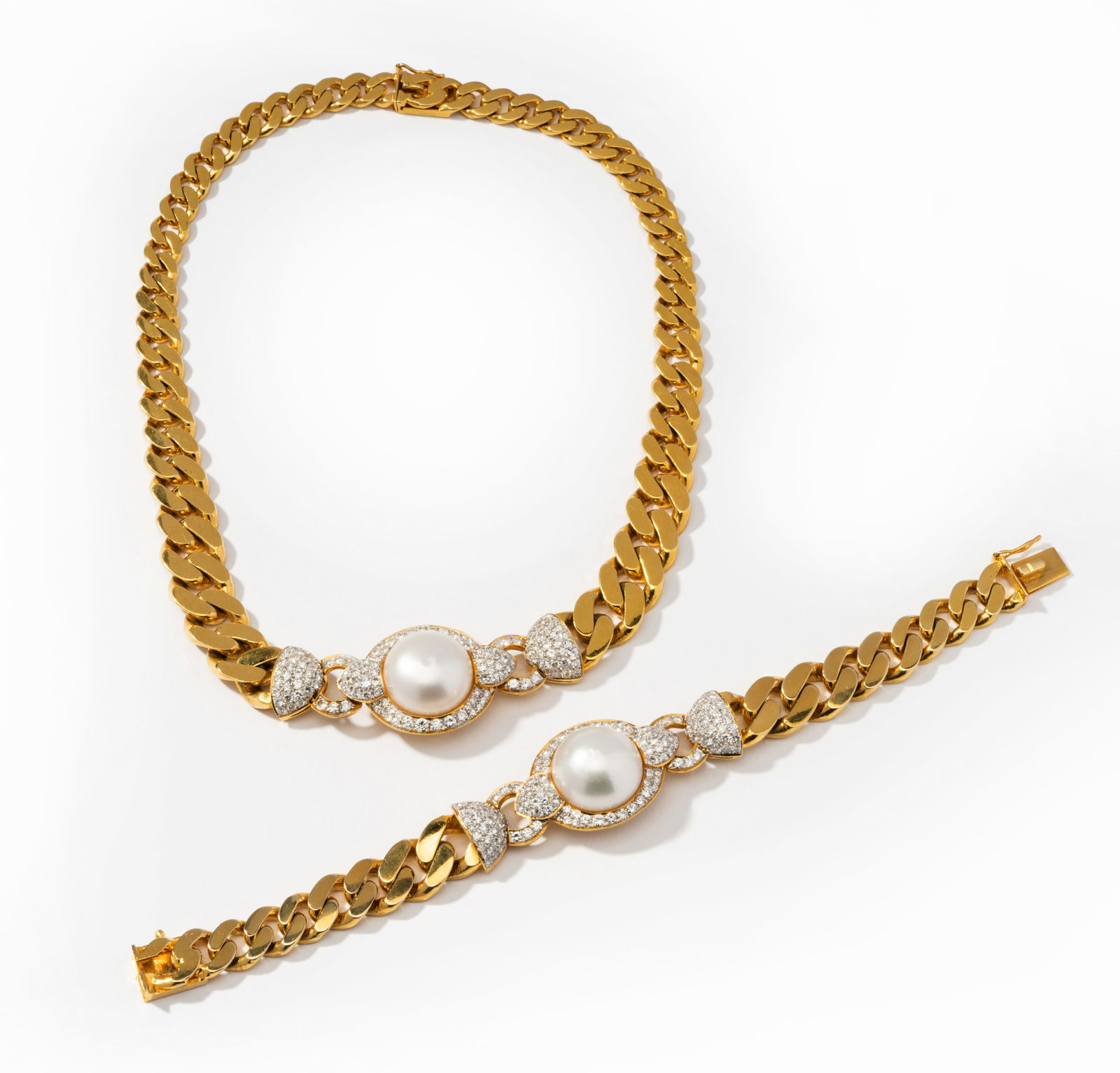 18 Karat Yellow Gold, Diamond and Cultured Pearl Cuban Link Necklace and Bracelet Set (1 of 16)