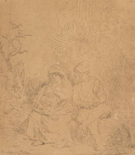 Rembrandt (1606-1669): The Rest on the Flight into Egypt: Rembrandt Dutch 1606-1669 The Rest on the Flight into Egypt etching on laid paper titled and dated 1645 in pencil to verso Plate: 5 1/4 x 4 1/2, Sheet: 6 1/4 x 5 3/4 in. (15.9 x 14.6 cm.), Frame: 12 1