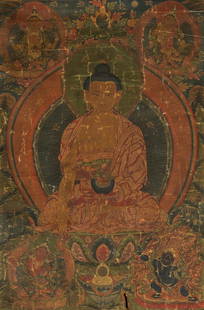 Tibetan Silk Thangka: depicting Buddha seated Overall: 51 1/2 x 27 3/4 in. (130.8 x 70.5 cm.) Provenance: Property from the Mary Pickford Estate, Beverly Hills, California