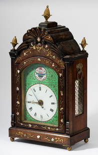 Suzhou Workshop: China Trade Bracket Clock: circa 1800; the painted enamel face decorated with floral roundel, the verso of face painted with Chinese characters, within an English-style rosewood case with secondary wood of either pine or elm, i