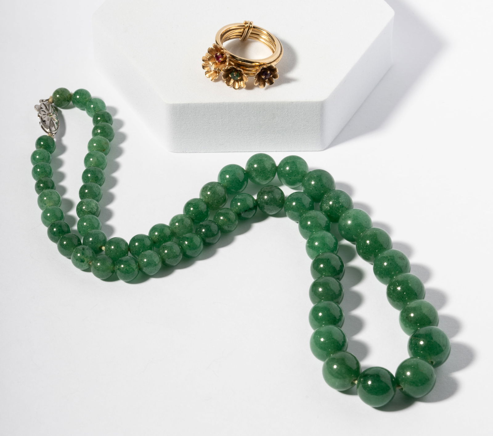 14 Karat Yellow Gold Ring and Aventurine Bead Necklace (1 of 6)