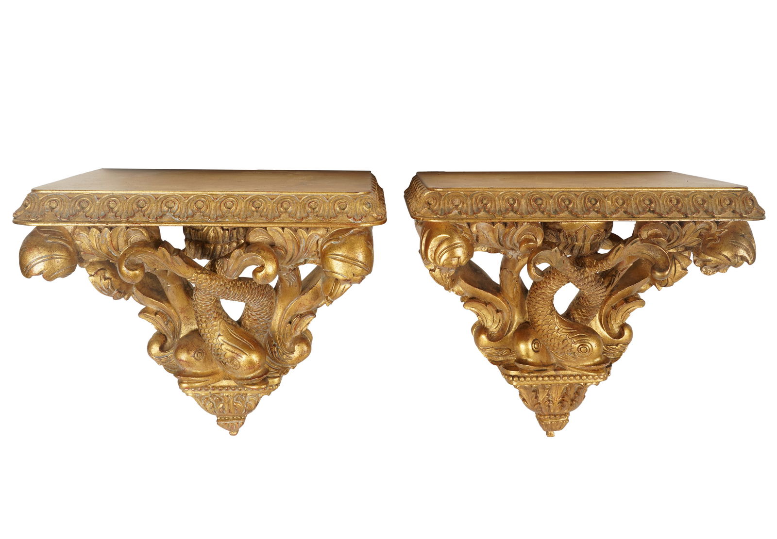 Pair of Carved Giltwood Dolphin Wall Brackets: 20th century 11 5/8 x 12 5/8 x 8 1/8 in. (29.5 x 32.1 x 20.6 cm.)