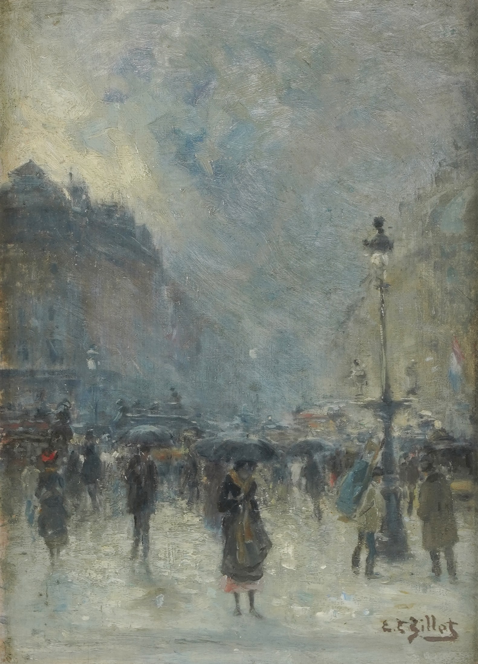 Eugene Louis Gillot (1867-1925): Parisian Boulevard Scene: oil on wood panel; signed lower right 14 x 10 in. (35.6 x 25.4 cm.), Frame: 18 3/4 x 15 in. (47.6 x 38.1 cm.) Provenance: Property from an estate, London