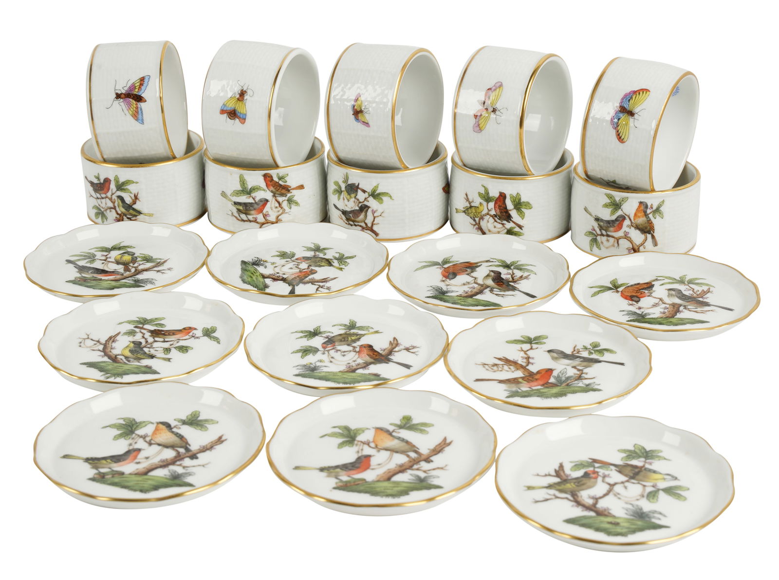 Group of Herend Porcelain Napkin Rings and Coasters: "Rothschild Bird" pattern; comprising ten napkin rings, no. 270 (1 3/8 x 2 1/8 in.) and ten coasters, no. 7562 (3 1/8 in. dia.)