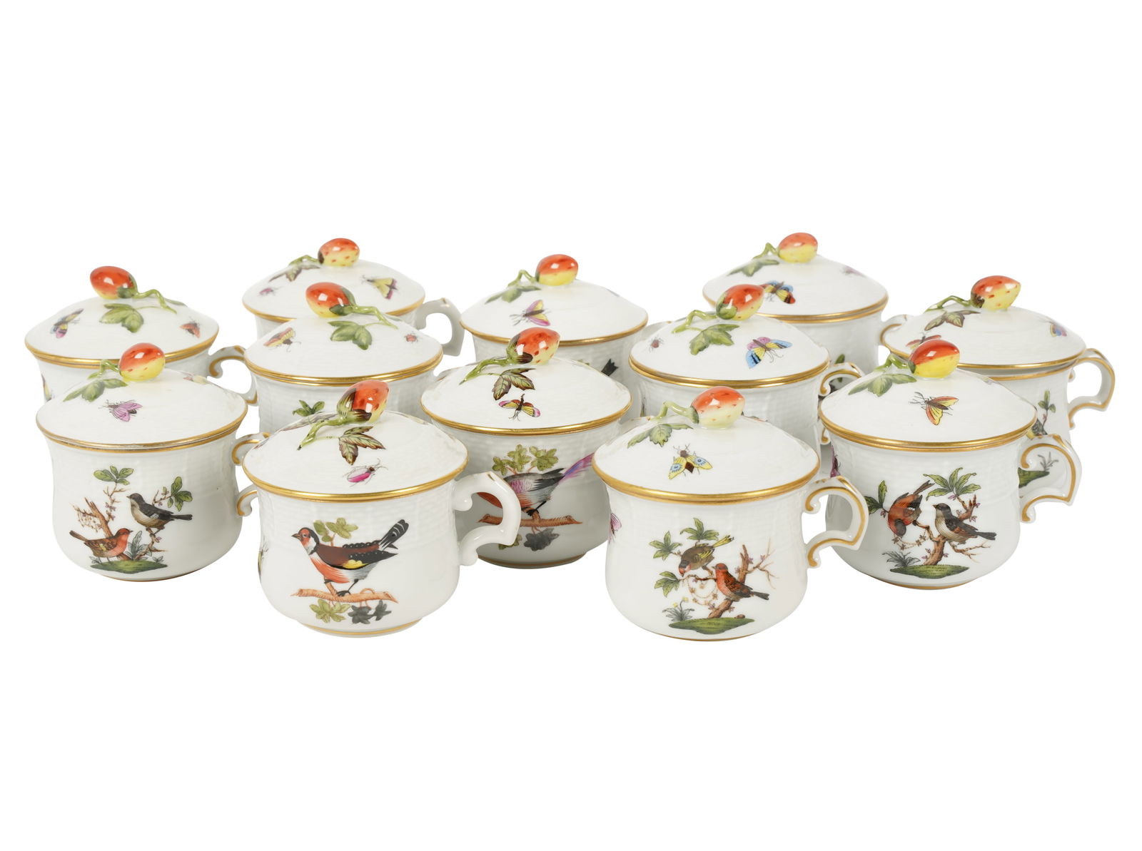 Twelve Herend Rothschild Bird Porcelain Pot de Cremes (1 of 8)