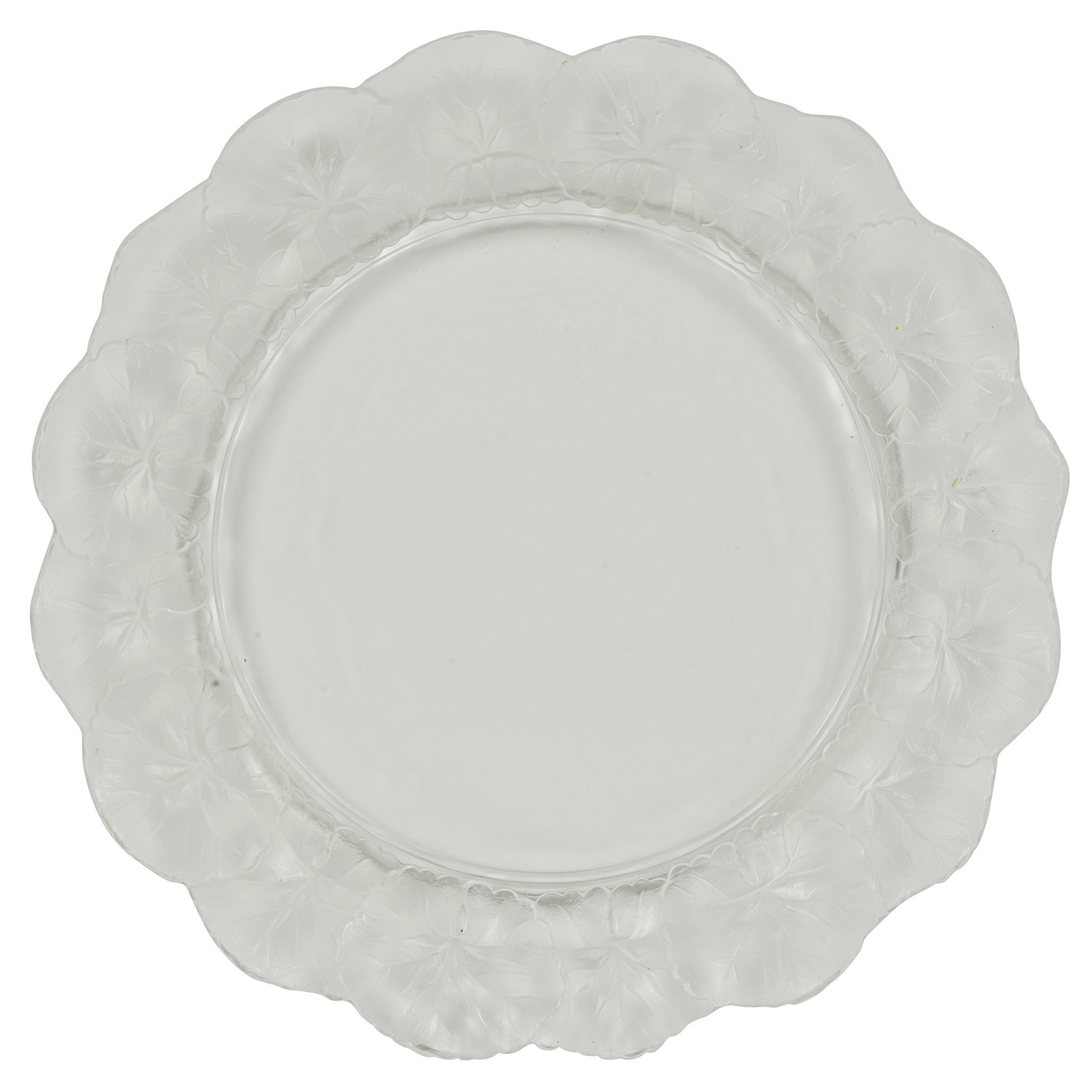 Lalique Honfleur Molded and Frosted Glass Plate: signed "Lalique France" to underside 10 7/8 in. (27.6 cm.) dia.