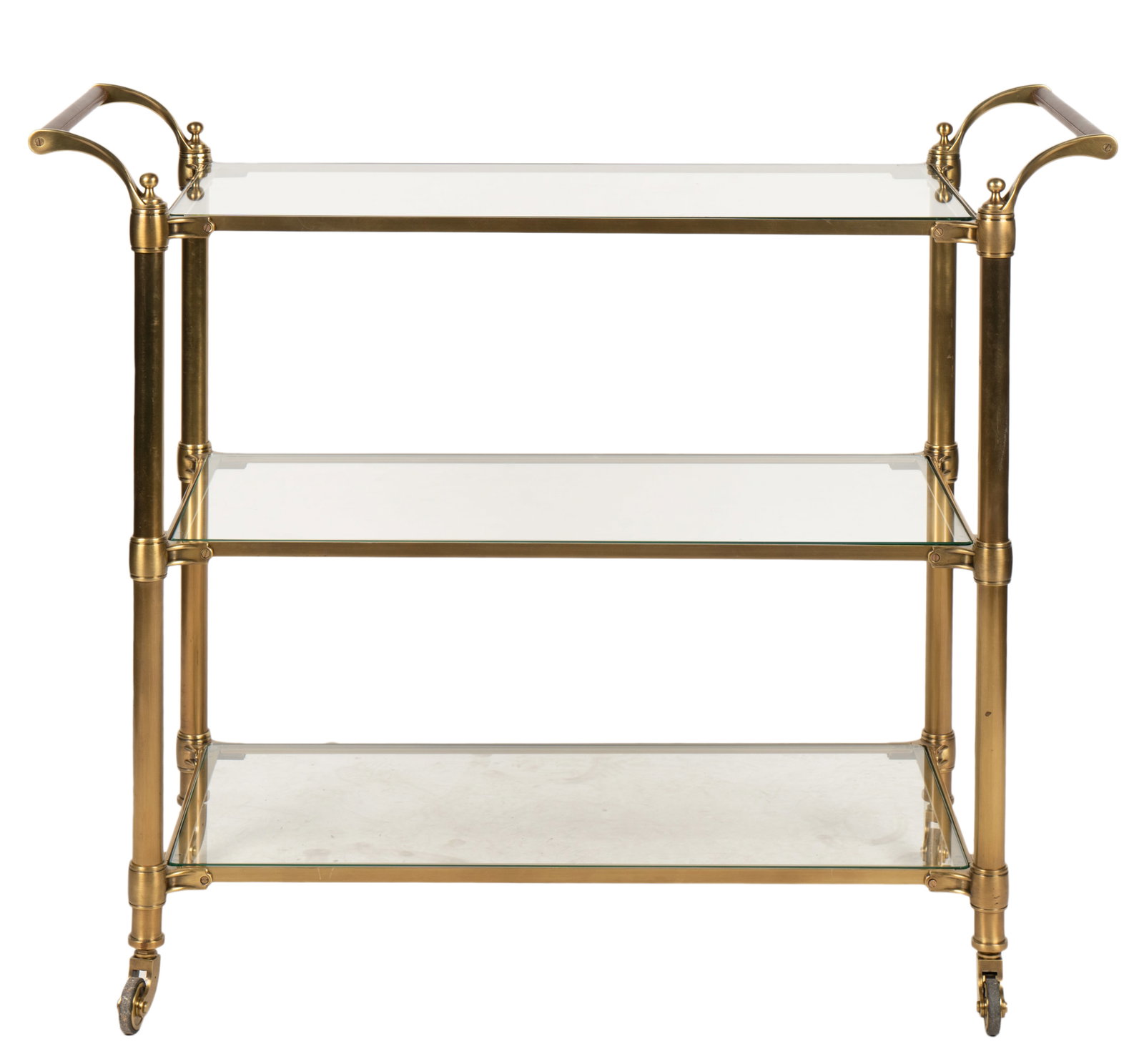Brass, Glass, and Leather Bar Cart: second half 20th century; unsigned 36 x 43 x 17 in. (91.4 x 109.2 x 43.2 cm.)
