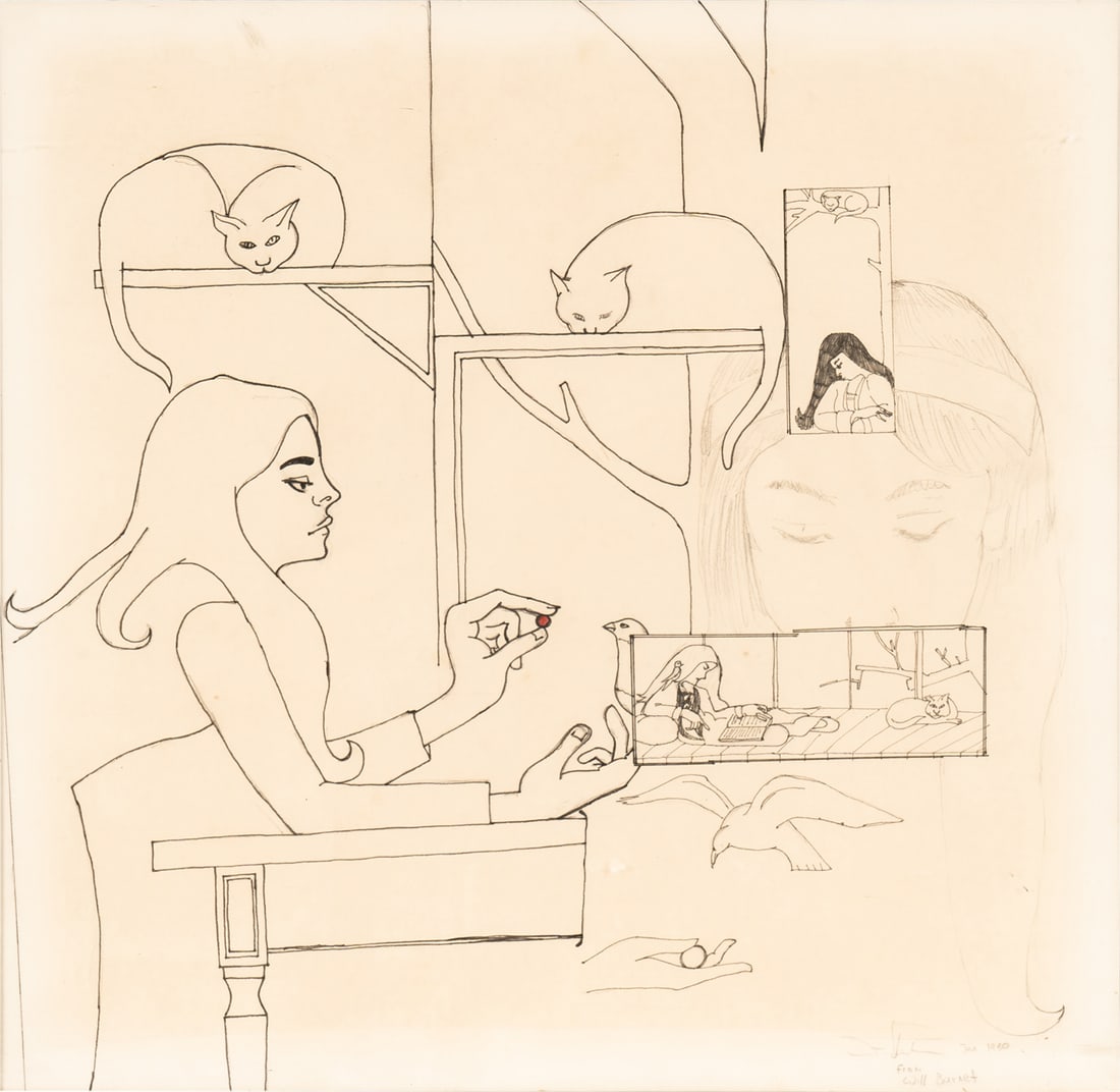 20th Century: Woman and Cats: in the style of Will Barnet; ink and pencil on paper; pencil-signed illegibly and inscribed "Jan 19[?]0 / From WIll Barnet" Frame: 18 1/4 x 18 3/4 in. (46.4 x 47.6 cm.) Provenance: Property from the e