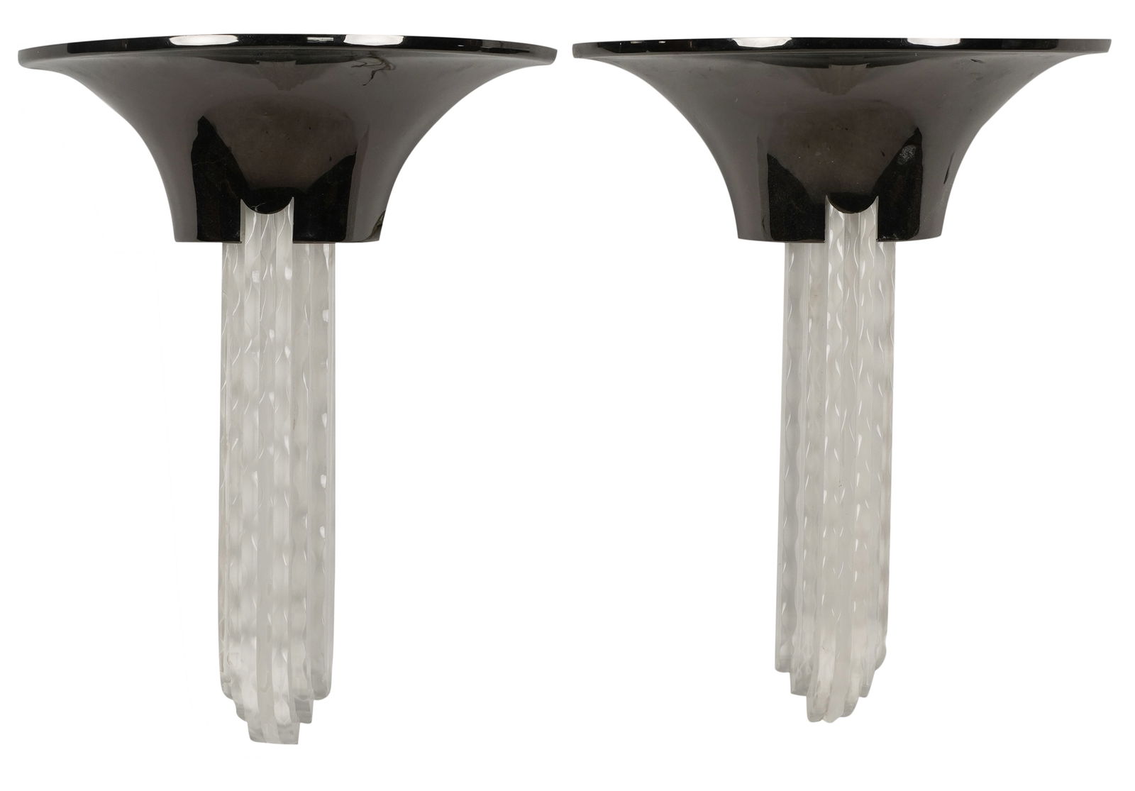 Pair of Karl Springer Purcell Wall Sconces: gun metal-finish metal, Lucite Each overall: 20 x 17 x 8 in. (50.8 x 43.2 x 20.3 cm.)