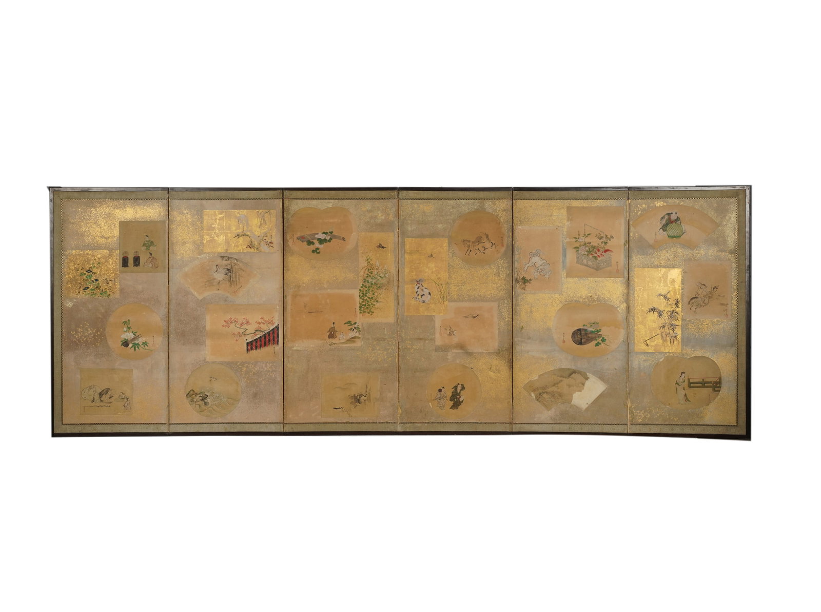 Japanese Six-Panel Screen: decorated with vignettes of ink on silk applied to paper; depicting animals, figures and objects Each panel: 42 x 20 in. (106.7 x 50.8 cm.) Provenance: Property from the Estate of Professor Harry Ston