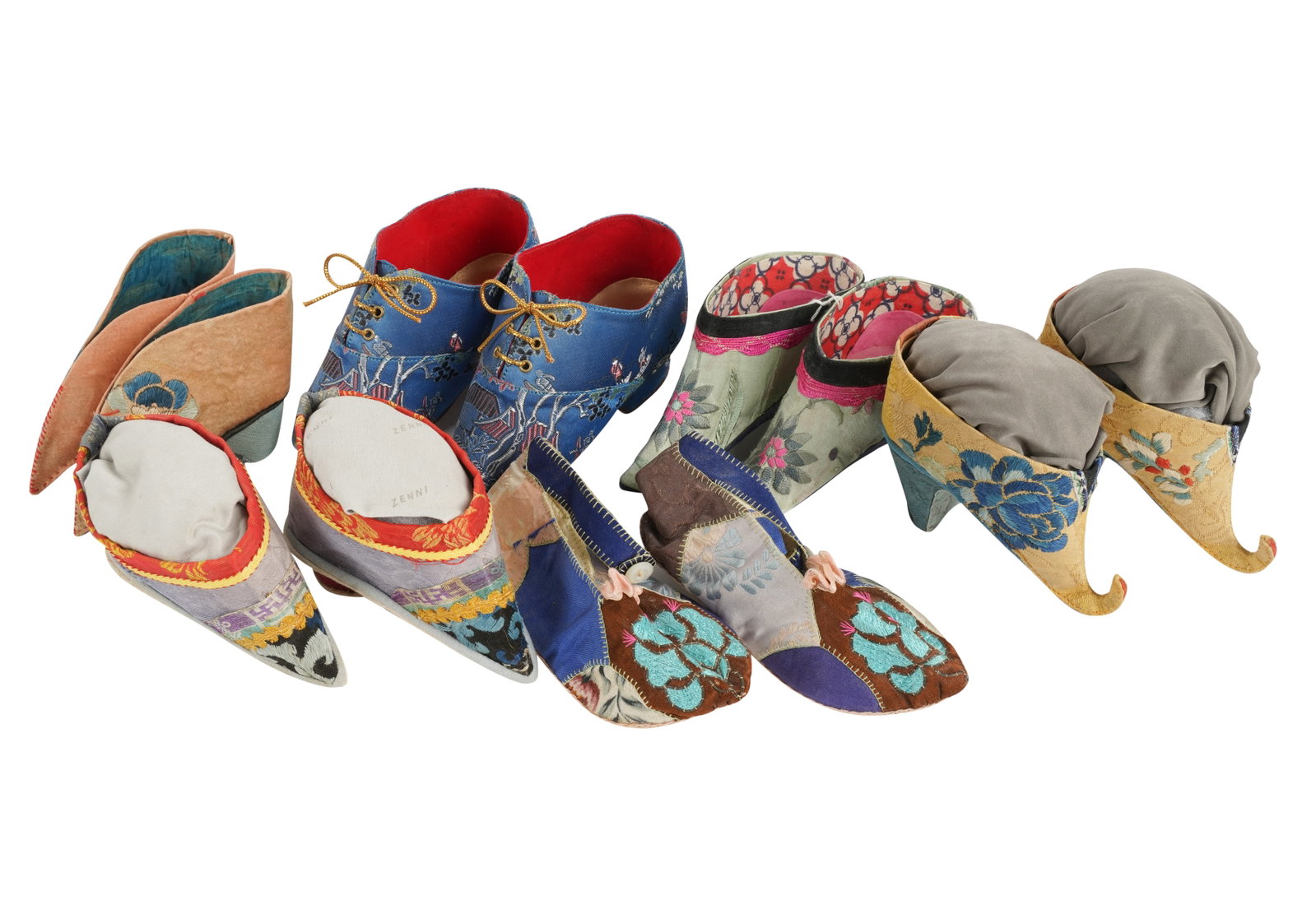 Nine Pairs of Chinese Shoes: embroidered silk and other fabrics Each shoe approximately: 3 x 4 x 2 in. (7.6 x 10.2 x 5.1 cm.) Provenance: Property from the Estate of Gordon F. Taylor, an employee of the San Francisco Opera for ov