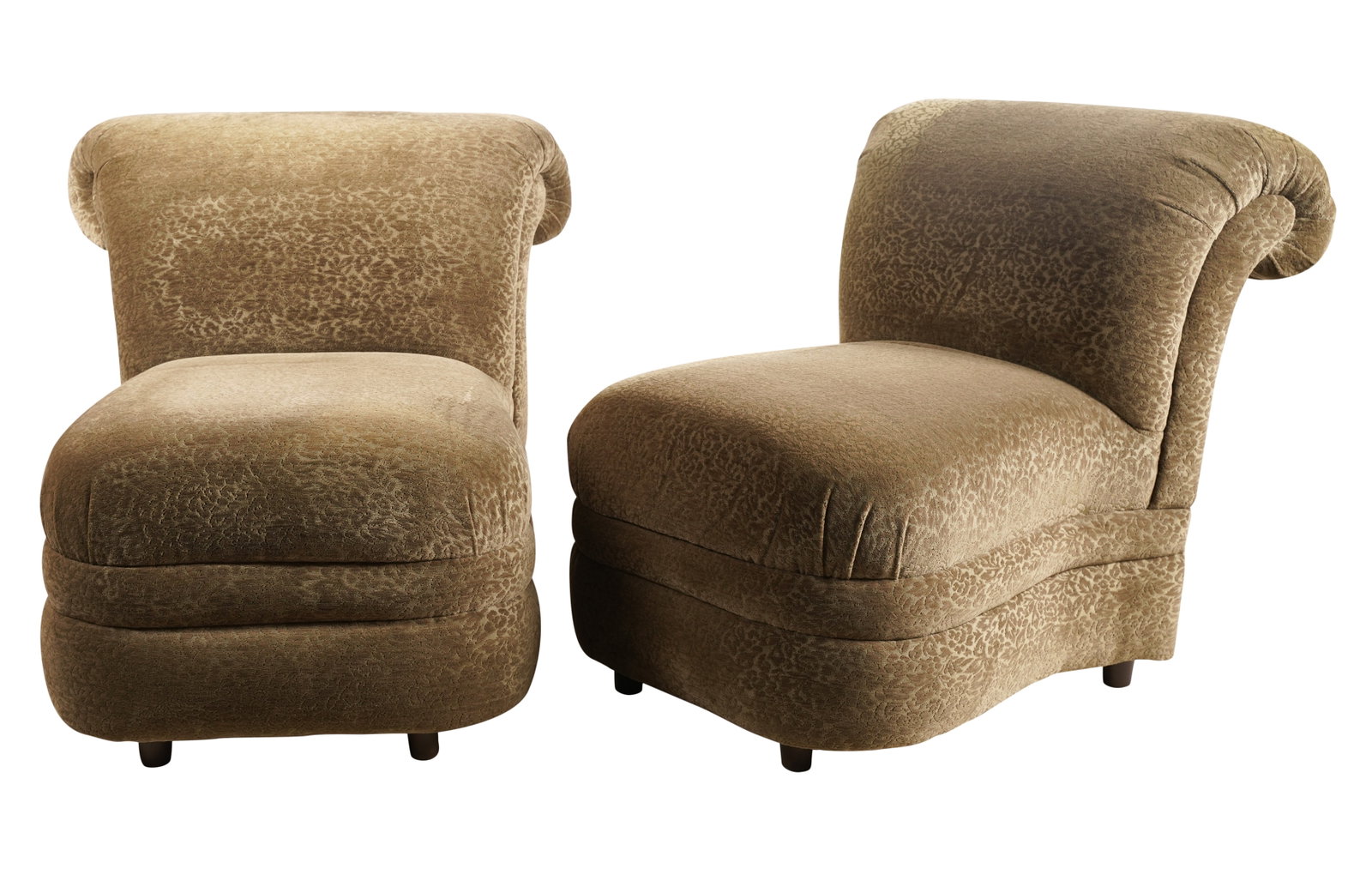 Pair of Upholstered Slipper Chairs: with hard plastic molded feet 33 x 33 x 37 1/2 in. (83.8 x 83.8 x 95.3 cm.), Seat height: 19 in. (48.3 cm.)