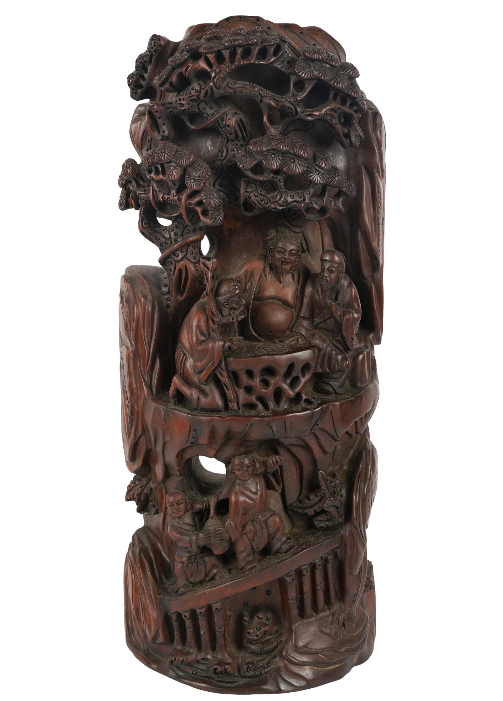 Asian Wood Carving: carved with figures in multiple vignettes 21 x 9 x 5 in. (53.3 x 22.9 x 12.7 cm.) Provenance: Property from the Estate of Professor Harry Stone, Brentwood, California. Recipient of a Guggenheim Fellow