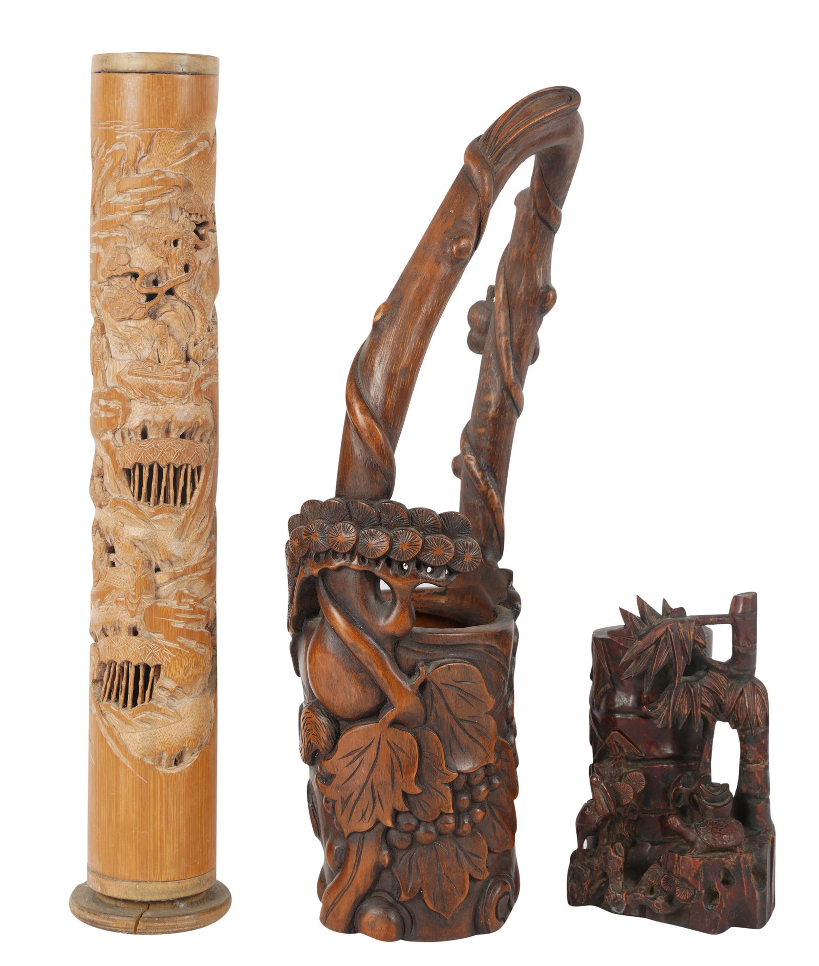 Group of Chinese Carved Bamboo: [3 pieces] Ranging from 18 in. (45.7 cm.) to 7 1/2 in. (19.1 cm.) high Provenance: Property from the Estate of Professor Harry Stone, Brentwood, California. Recipient of a Guggenheim Fellowship in the