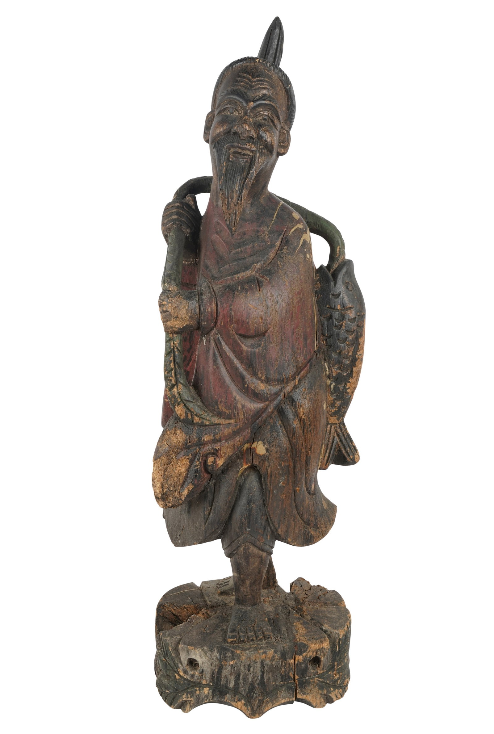 Asian Carved and Painted Wood Figure: depicting a fisherman 30 1/2 x 9 x 8 in. (77.5 x 22.9 x 20.3 cm.) Provenance: Property from the Estate of Professor Harry Stone, Brentwood, California. Recipient of a Guggenheim Fellowship in the 1960