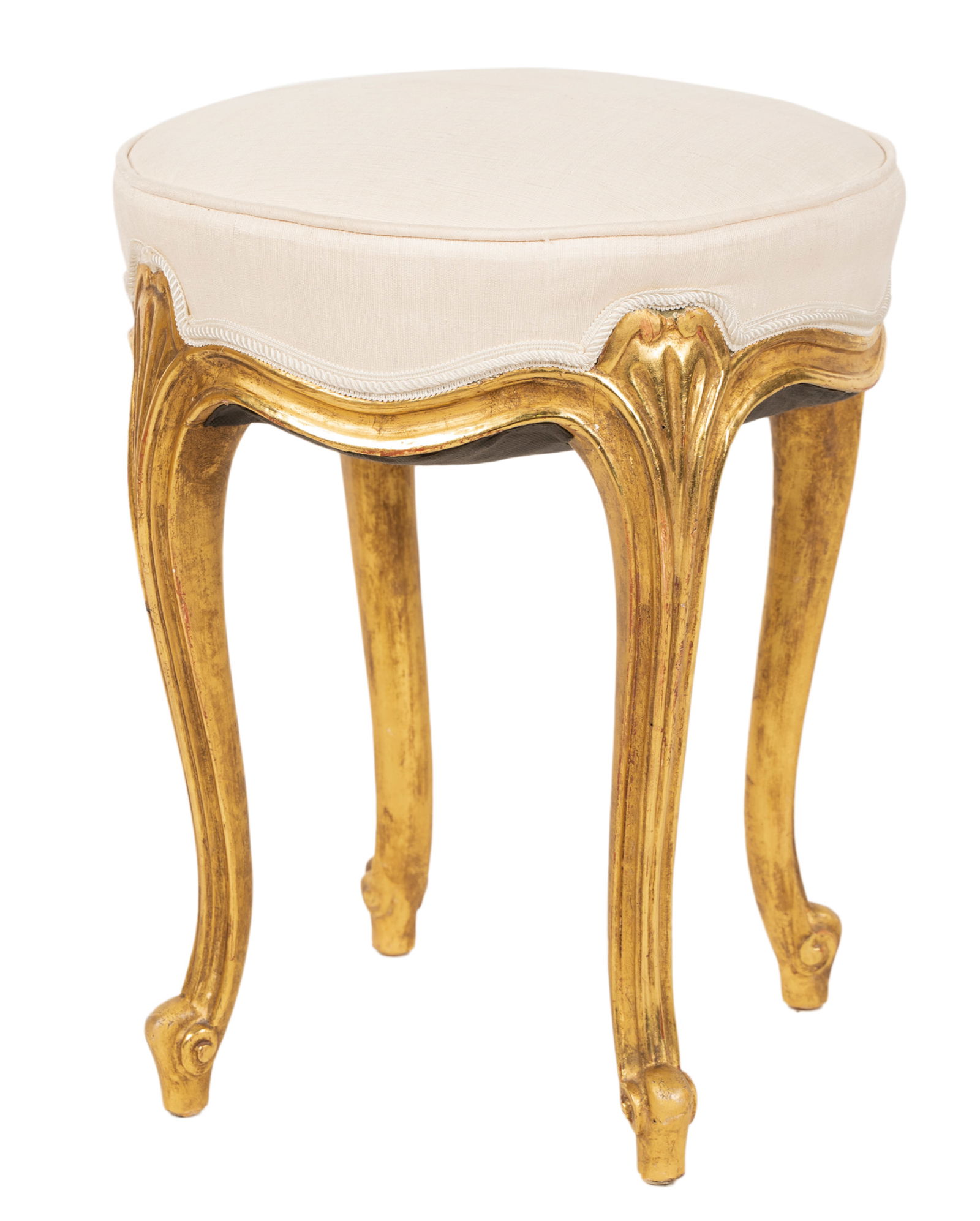 Rose Tarlow Carved Giltwood Stool: covered with linen fabric 20 x 16 in. (50.8 x 40.6 cm.) Provenance: Property from a Wilshire Corridor Penthouse Estate, Los Angeles, California