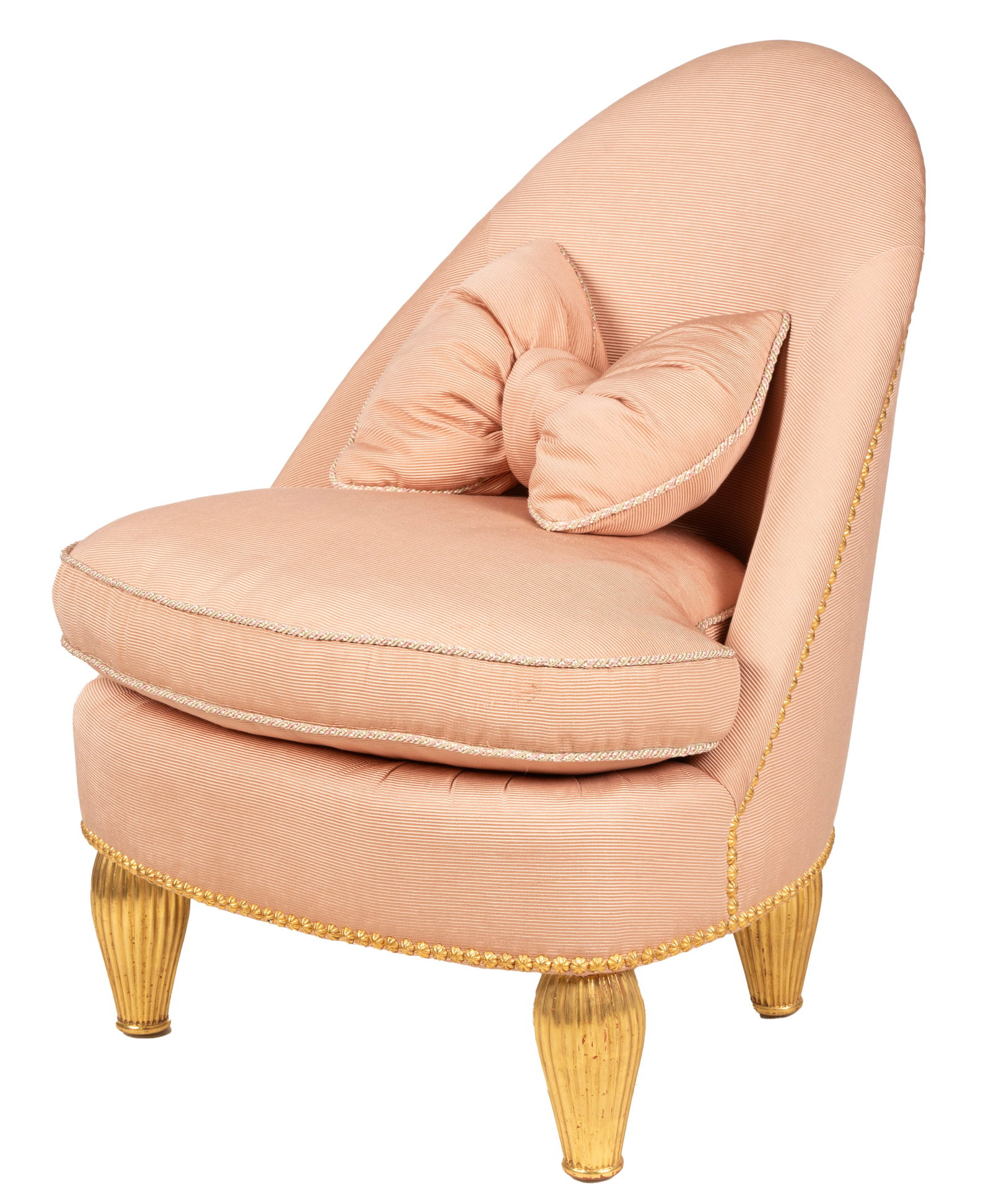 Rose Tarlow Giltwood Slipper Chair: "London"; covered with pink fabric with pink, green and white braid trim and gilt nail heads, and with loose bow-shape cushion; unsigned 32 1/2 x 27 x 29 in. (82.6 x 68.6 x 73.7 cm.), Seat height: 19 