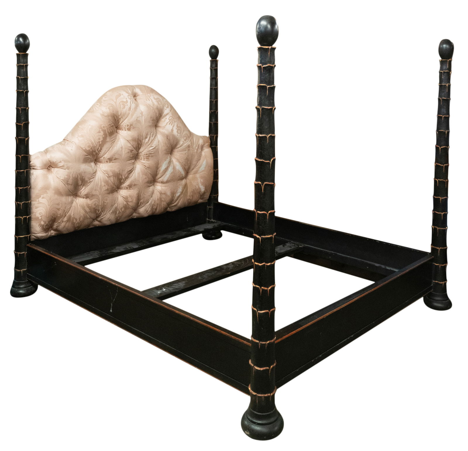 Rose Tarlow Four-Poster Bed: carved wood with black crackle and gilt finish, the headboard upholstered with pink damask; unsigned; fits a California king size mattress 78 x 98 x 84 in. (198.1 x 248.9 x 213.4 cm.), Inner frame: 85