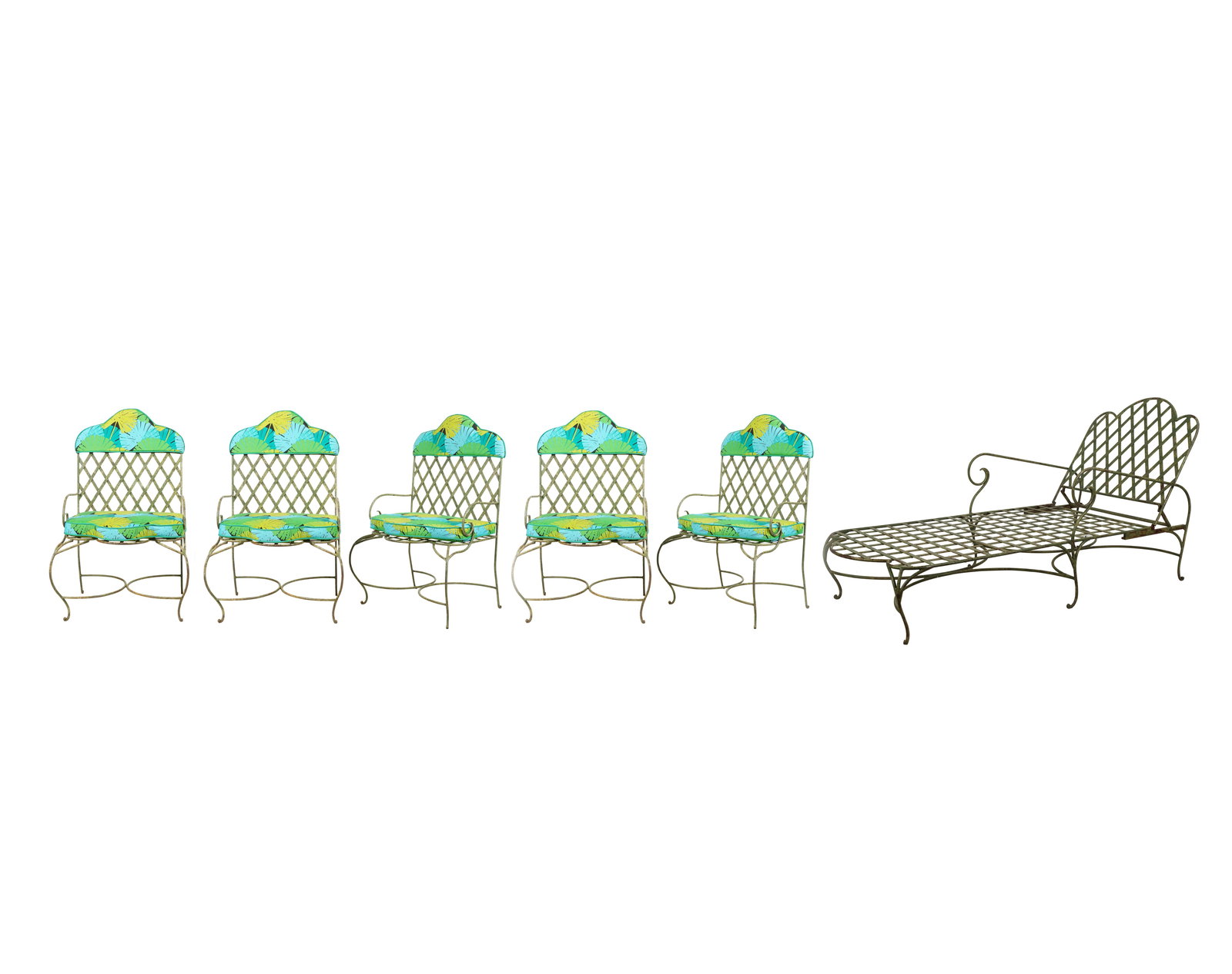 Rose Tarlow Green-Painted Iron Patio Furniture Suite: comprising five armchairs, each with loose fabric cushion and backrest cover, and a chaise lounge Armchairs: 46 x 26 x 23 in. Seat height excluding cushion: 18 in.; Chaise lounge: 38 x 63 x 31 1/2 in.