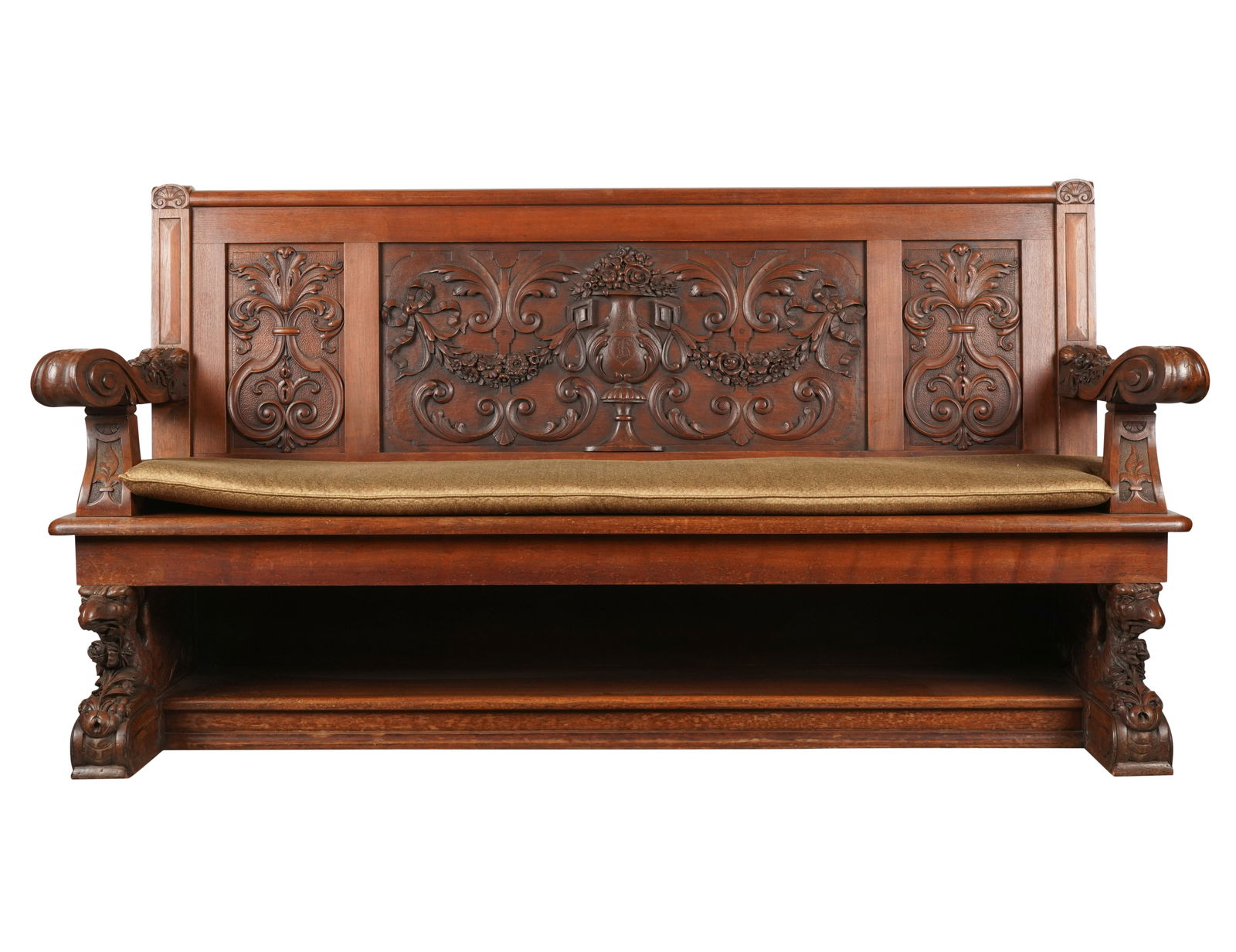 Continental Renaissance Revival-Style Carved Walnut Bench (1 of 11)