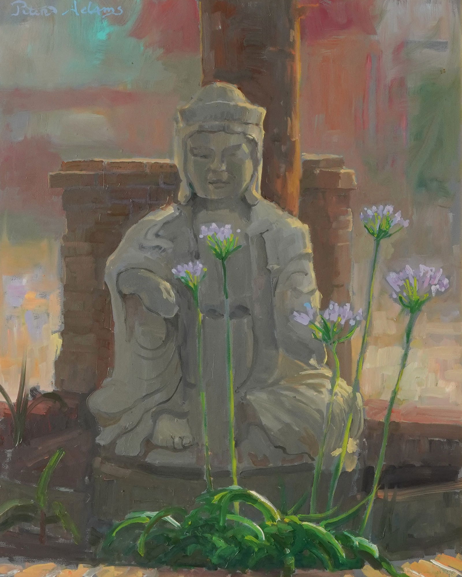 Peter Adams (b. 1950): Kwan Yin in Agapanthas: Peter Adams (B. 1950): Kwan Yin in Agapanthus oil on board; signed upper left; titled to paper label on verso 20 x 16 in. (50.8 x 40.6 cm.), Frame: 29 x 24 3/4 in. (73.7 x 62.9 cm.) Provenance: Proper