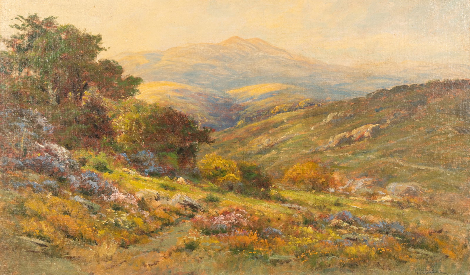 Manuel Valencia (1856 - 1935): Flower Fields Landscape: oil on board; signed lower right 21 5/8 x 36 in. (54.9 x 91.4 cm.), Frame: 30 1/4 x 44 5/8 in. (76.8 x 113.3 cm.)